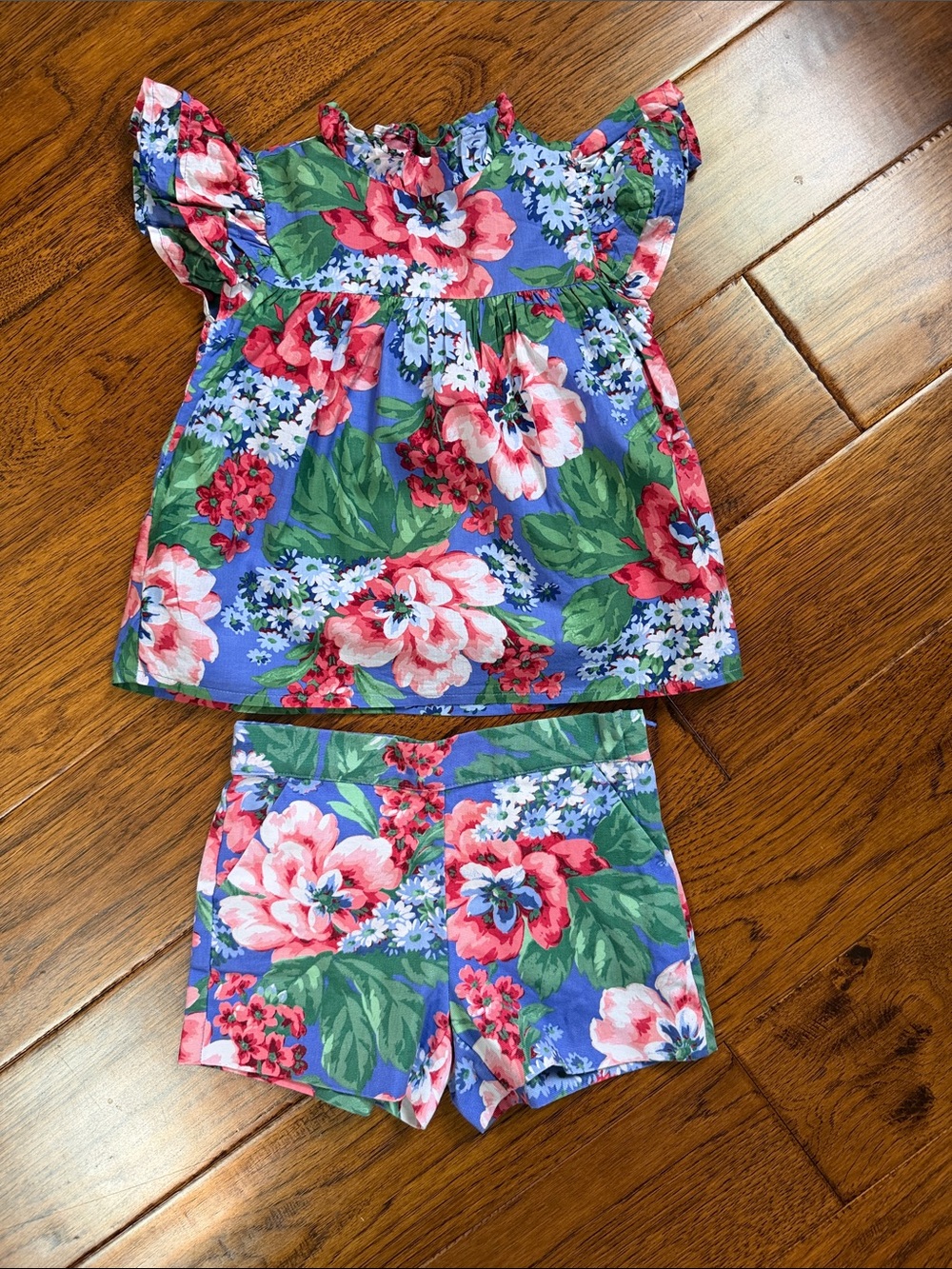Girls Floral Short and Shirt Set - Blue & Pink